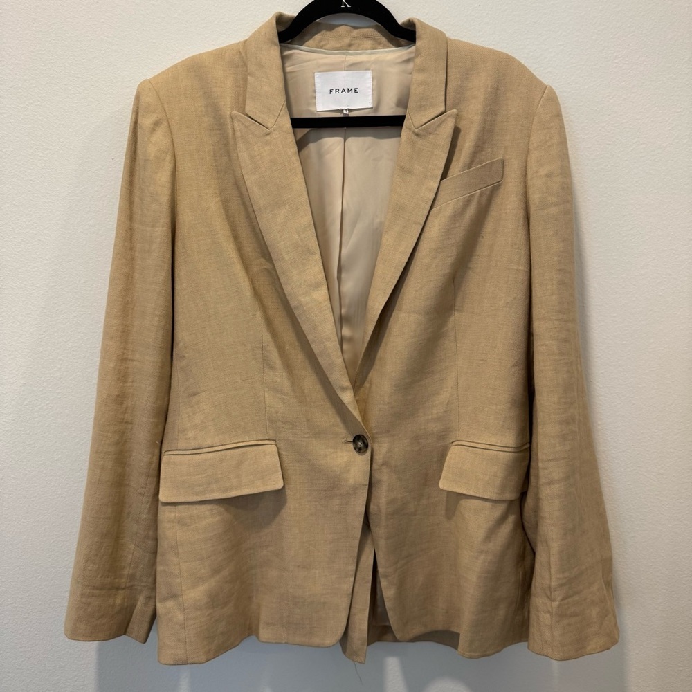 Frame Denim Women's Beige One Button Blazer Linen Blend Old Money Classic 12